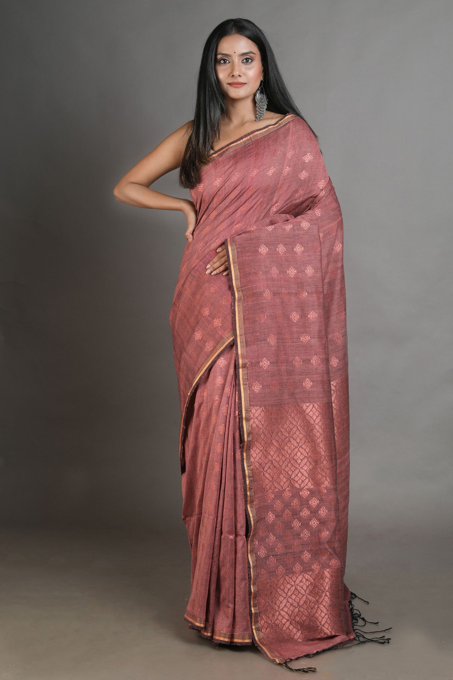 Caramal Brown Linen Handwoven Soft Saree With Zari Border