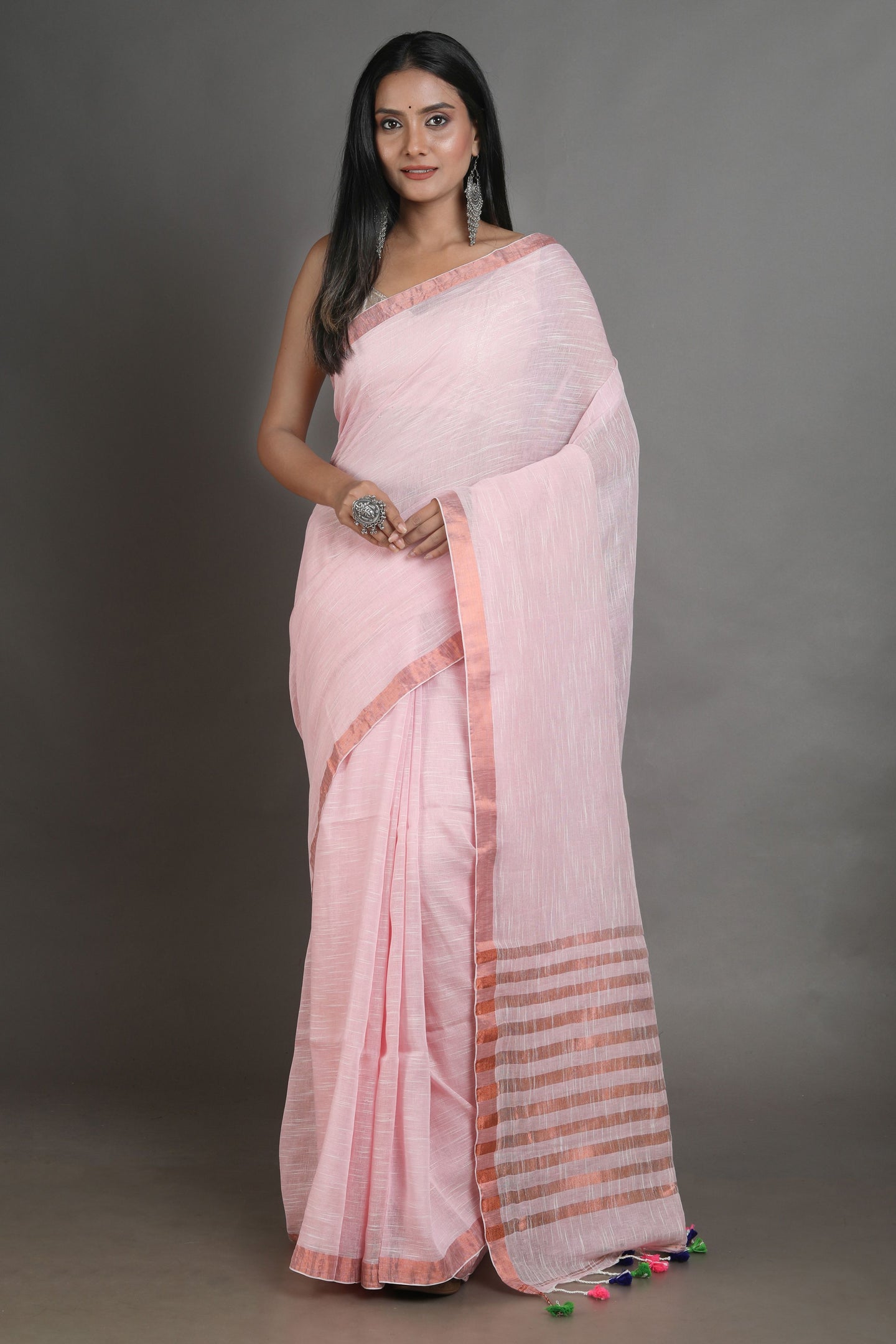 Pink Handwoven Linen Saree With Zari Aanchal