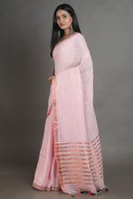 Load image into Gallery viewer, Pink Handwoven Linen Saree With Zari Aanchal
