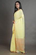 Load image into Gallery viewer, Lime Yellow Handwoven Linen Saree With Zari Aanchal
