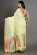 Load image into Gallery viewer, Lime Yellow Handwoven Linen Saree With Zari Aanchal
