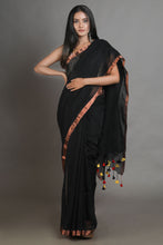 Load image into Gallery viewer, Black Handwoven Linen Saree With Zari Aanchal
