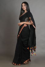 Load image into Gallery viewer, Black Handwoven Linen Saree With Zari Aanchal
