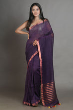 Load image into Gallery viewer, Purple Handwoven Linen Saree With Zari Aanchal
