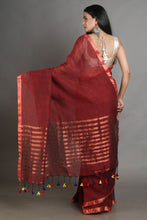 Load image into Gallery viewer, Red Handwoven Linen Saree With Zari Aanchal
