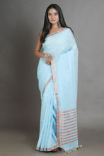 Load image into Gallery viewer, Sky Blue Handwoven Linen Saree With Zari Aanchal
