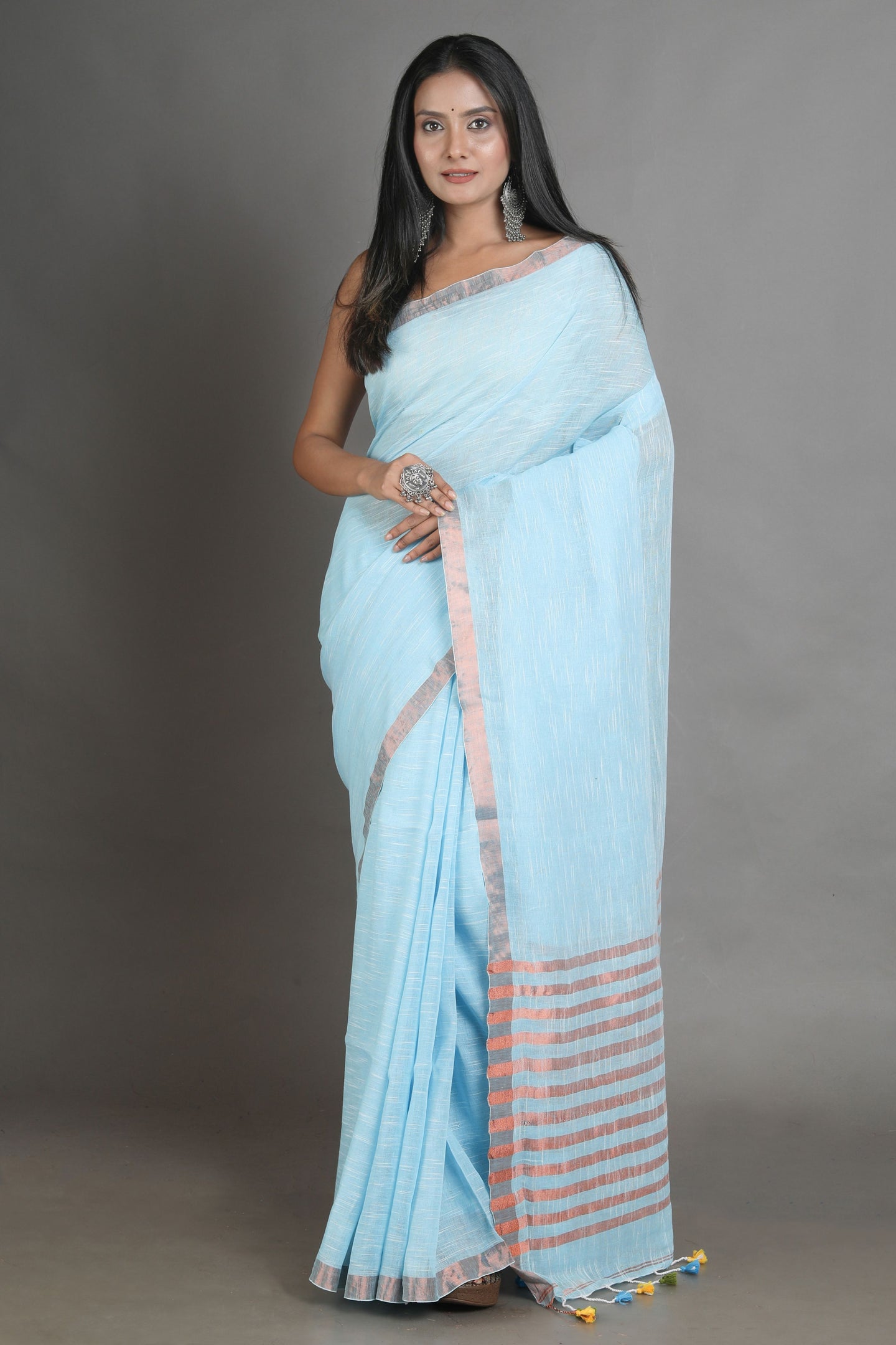 Sky Blue Handwoven Linen Saree With Zari Aanchal