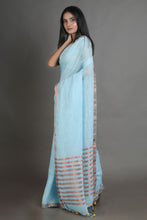 Load image into Gallery viewer, Sky Blue Handwoven Linen Saree With Zari Aanchal
