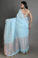 Load image into Gallery viewer, Sky Blue Handwoven Linen Saree With Zari Aanchal

