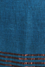 Load image into Gallery viewer, Teal Handwoven Linen Saree With Zari Aanchal
