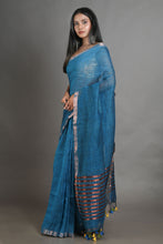 Load image into Gallery viewer, Teal Handwoven Linen Saree With Zari Aanchal

