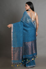 Load image into Gallery viewer, Teal Handwoven Linen Saree With Zari Aanchal
