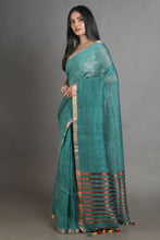 Load image into Gallery viewer, Light Green Handwoven Linen Saree With Zari Aanchal
