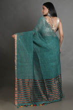Load image into Gallery viewer, Light Green Handwoven Linen Saree With Zari Aanchal
