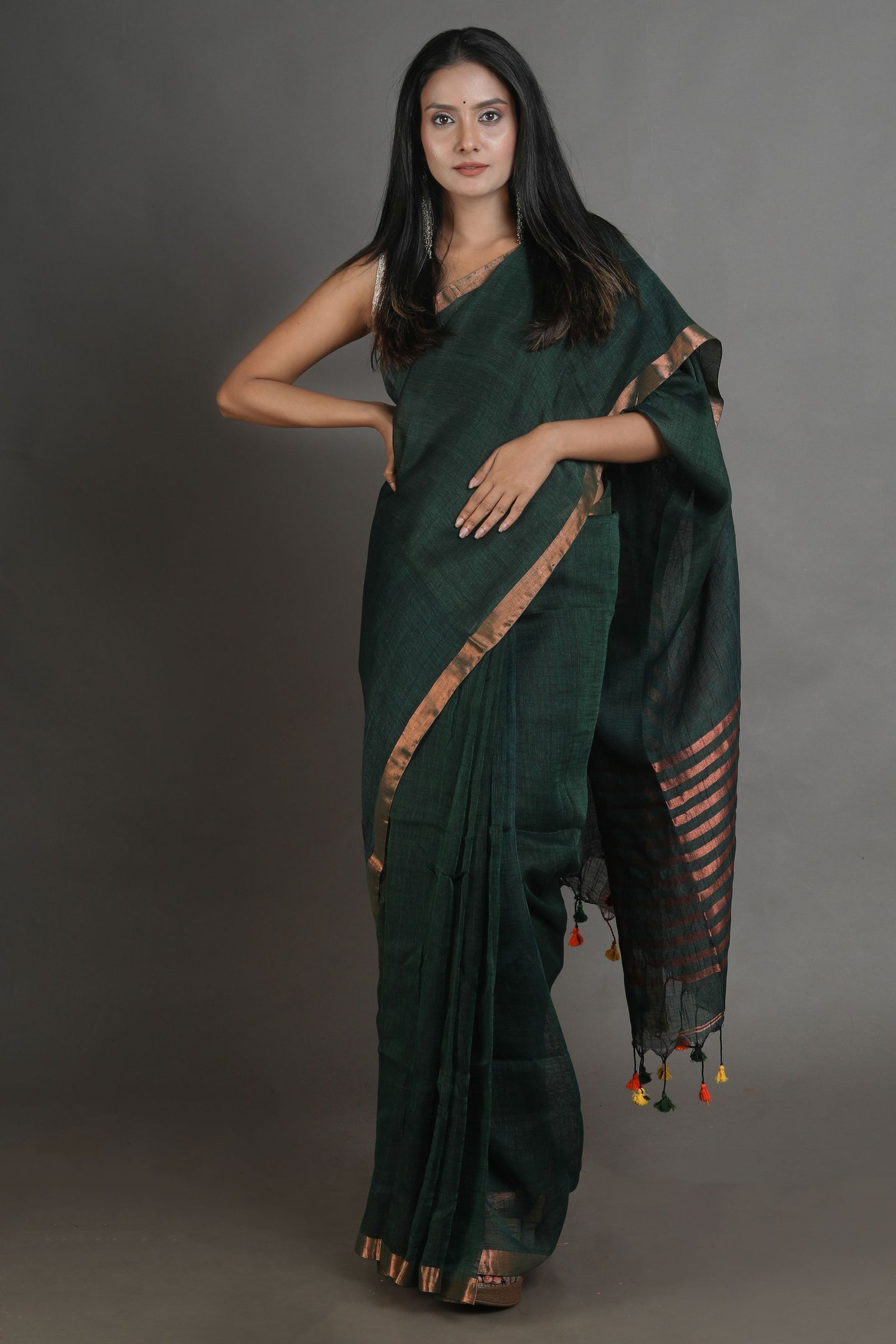 Bottol Green Handwoven Linen Saree With Zari Aanchal
