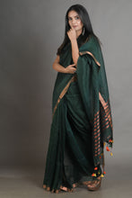 Load image into Gallery viewer, Bottol Green Handwoven Linen Saree With Zari Aanchal
