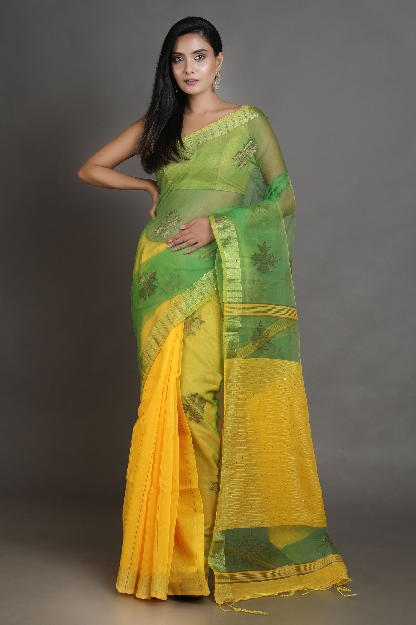 Yellow and Green Silk  Half & Half Handwoven Soft Saree