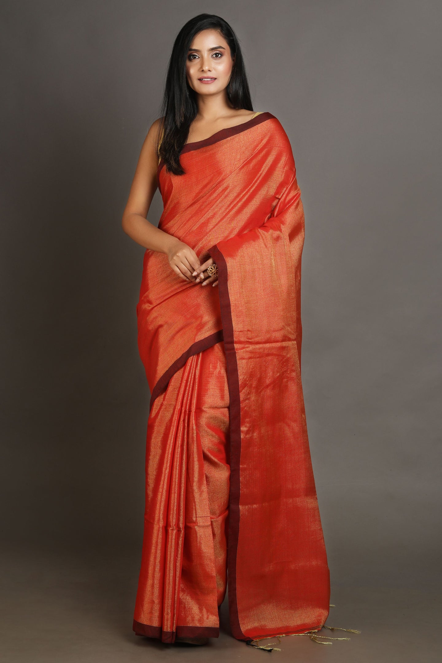 Red-coloured Handwoven Tissue Saree