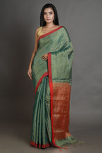 Load image into Gallery viewer, Sap Green-coloured Handwoven Tissue Saree
