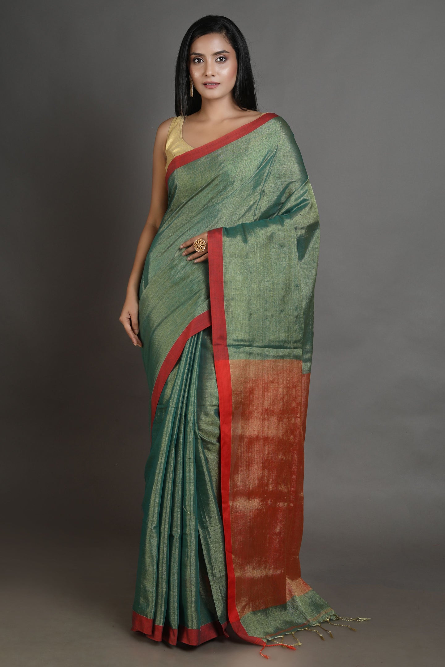 Sap Green-coloured Handwoven Tissue Saree