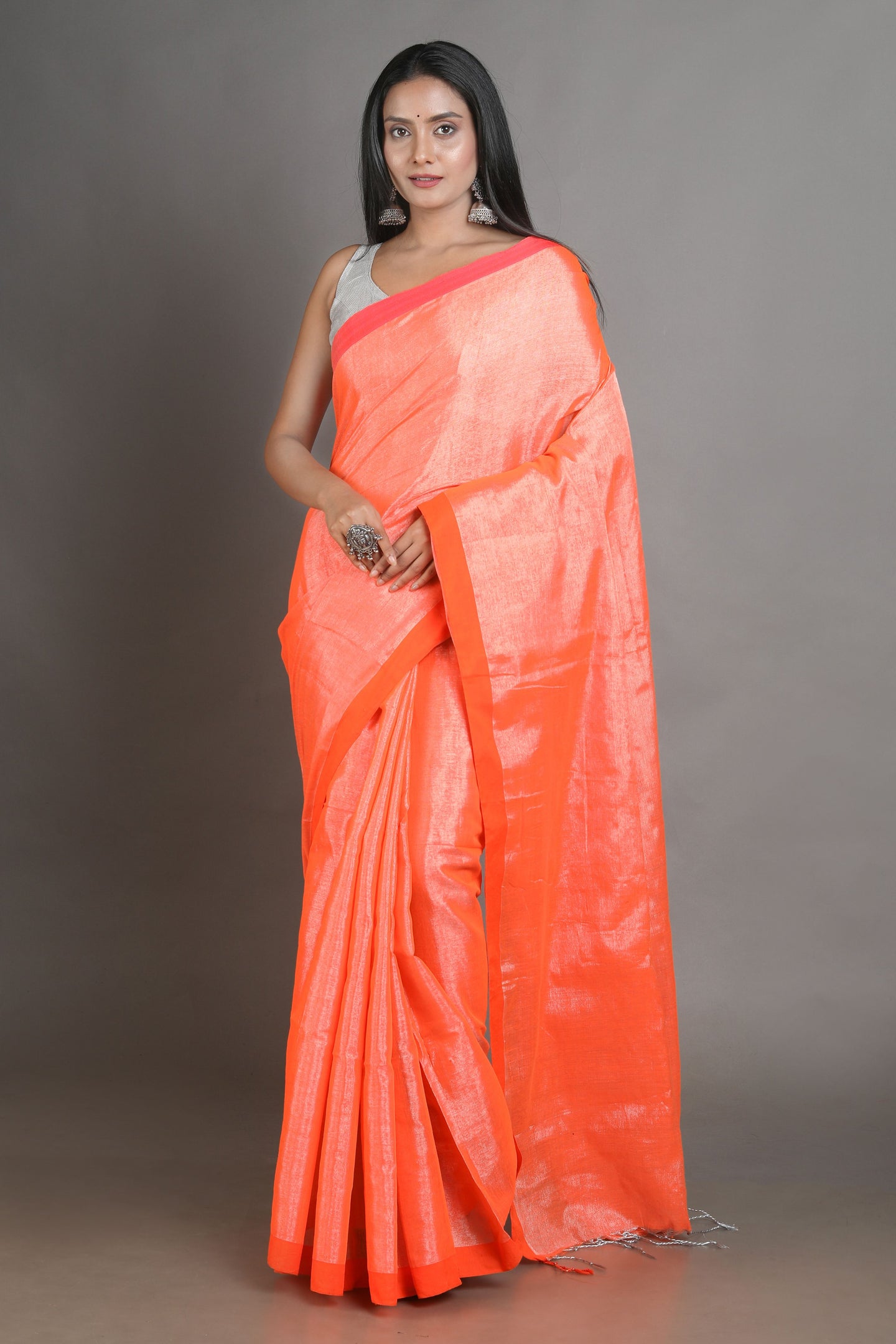 Orange-coloured Handwoven Tissue Saree