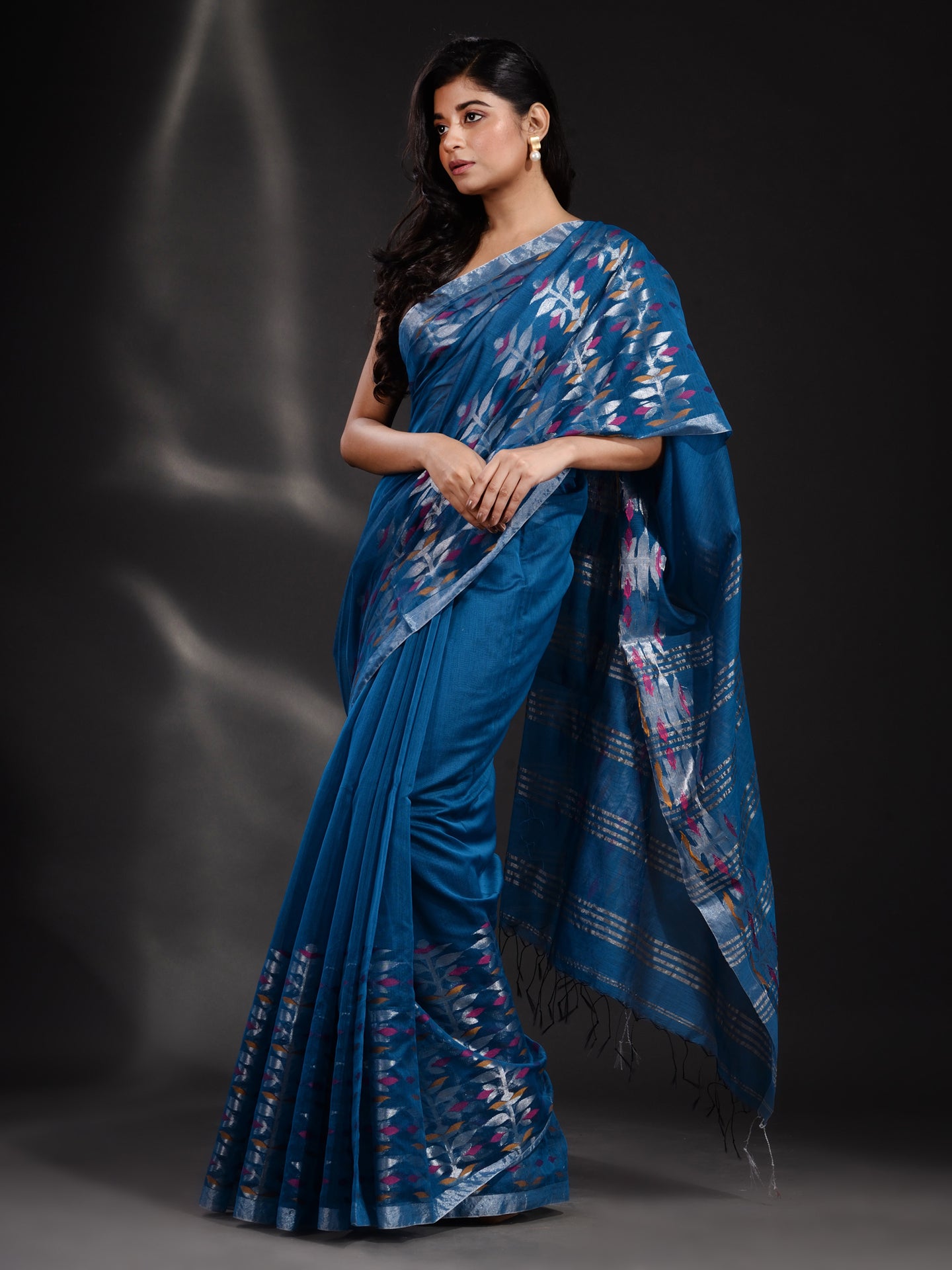 Sapphire Blue Cotton Blend Handwoven Saree With Nakshi Border