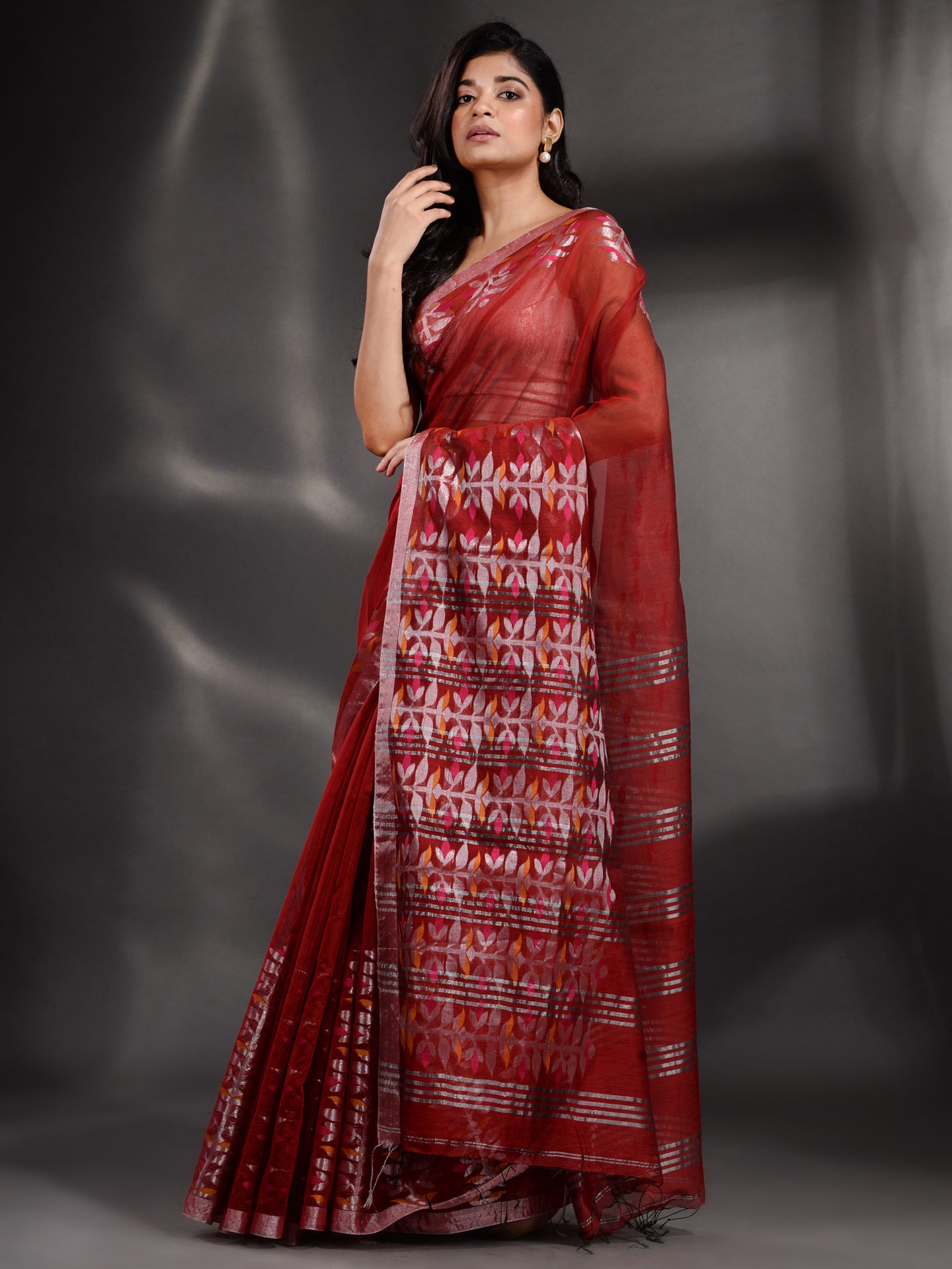 Red Cotton Blend Handwoven Saree With Nakshi Border