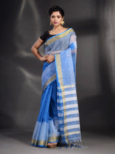 Load image into Gallery viewer, Blue And White Cotton Blend Handwoven Saree With Zari Border

