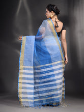 Load image into Gallery viewer, Blue And White Cotton Blend Handwoven Saree With Zari Border
