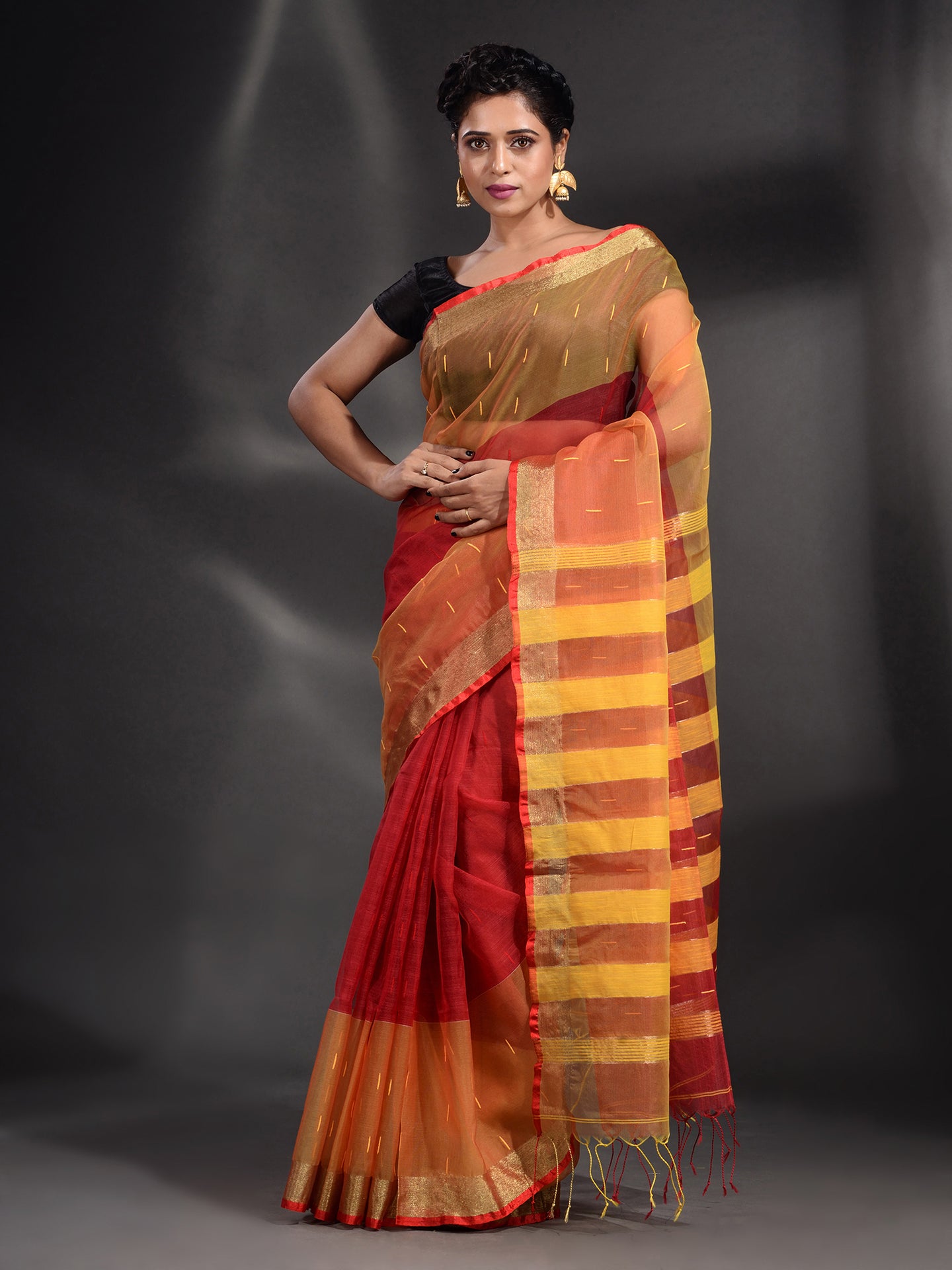 Red And Yellow Cotton Blend Handwoven Saree With Zari Border