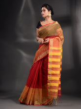 Load image into Gallery viewer, Red And Yellow Cotton Blend Handwoven Saree With Zari Border
