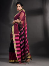 Load image into Gallery viewer, Black And Fuchsia Cotton Blend Handwoven Saree With Zari Border
