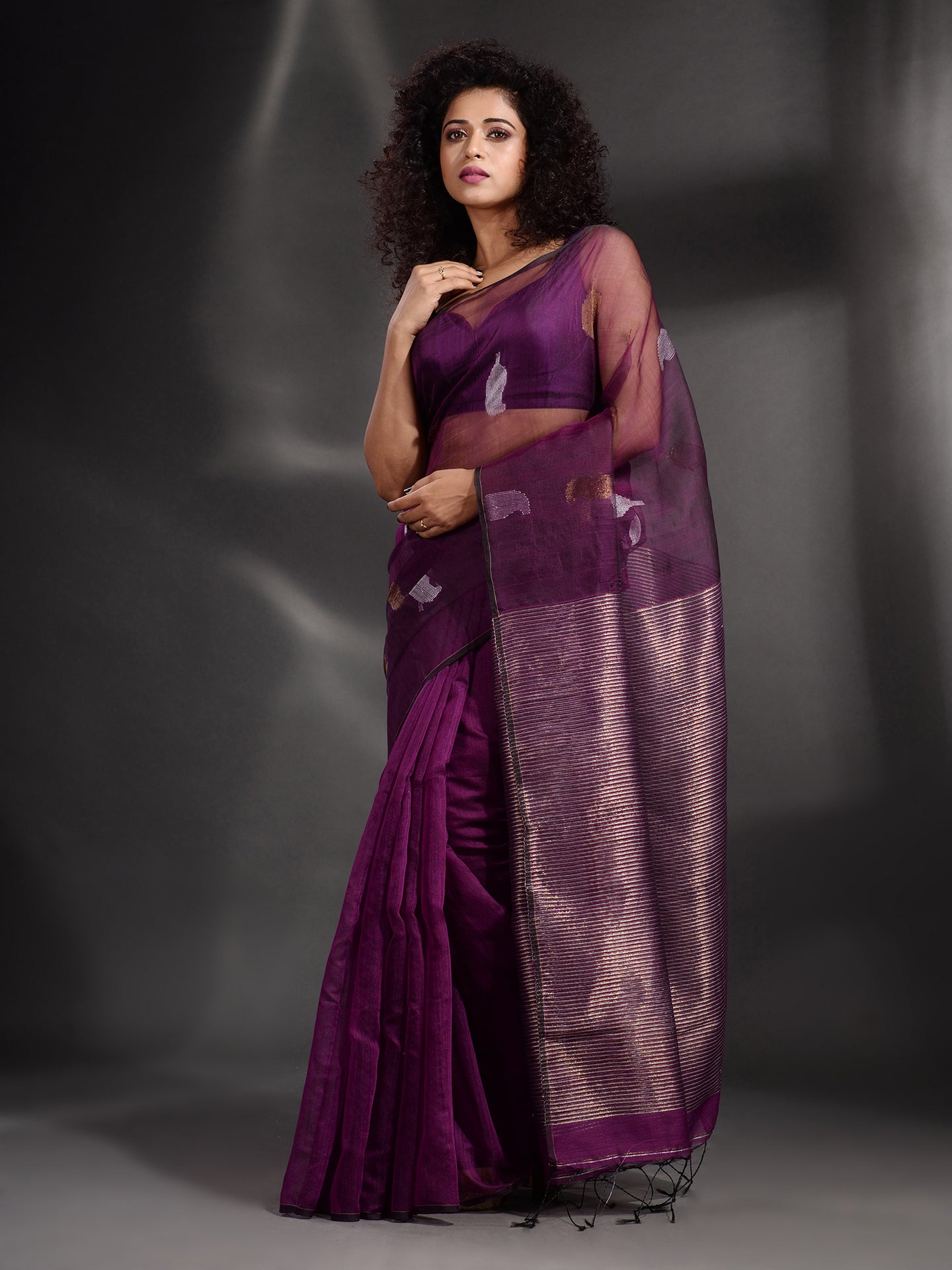 Purple Cotton Blend Handwoven Saree With Zari Pallu