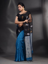Load image into Gallery viewer, Black And Sky Blue Cotton Blend Handwoven Saree With Zari Pallu
