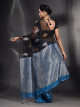 Load image into Gallery viewer, Black And Sky Blue Cotton Blend Handwoven Saree With Zari Pallu
