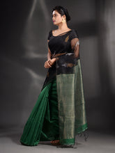Load image into Gallery viewer, Black And Green Cotton Blend Handwoven Saree With Zari Pallu
