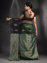 Load image into Gallery viewer, Black And Green Cotton Blend Handwoven Saree With Zari Pallu
