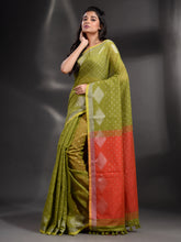 Load image into Gallery viewer, Green Cotton Blend Handwoven Saree With Geometric Border
