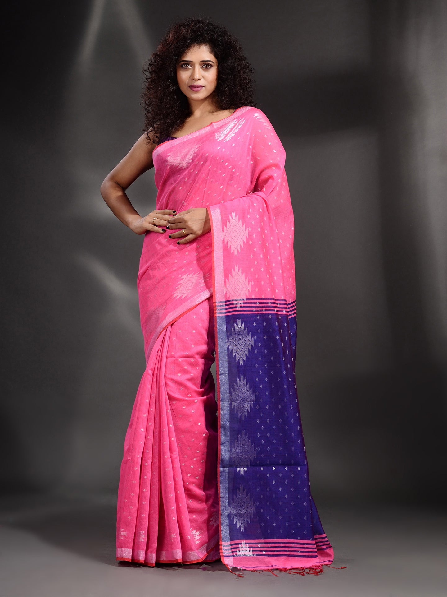 Pink Cotton Blend Handwoven Saree With Geometric Border