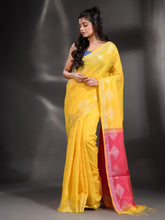 Load image into Gallery viewer, Yellow Cotton Blend Handwoven Saree With Geometric Border
