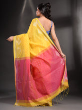 Load image into Gallery viewer, Yellow Cotton Blend Handwoven Saree With Geometric Border
