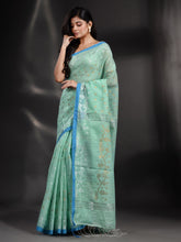 Load image into Gallery viewer, Sea Green Cotton Handwoven Saree With Texture Border
