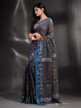 Load image into Gallery viewer, Dark Grey Cotton Handwoven Saree With Texture Border
