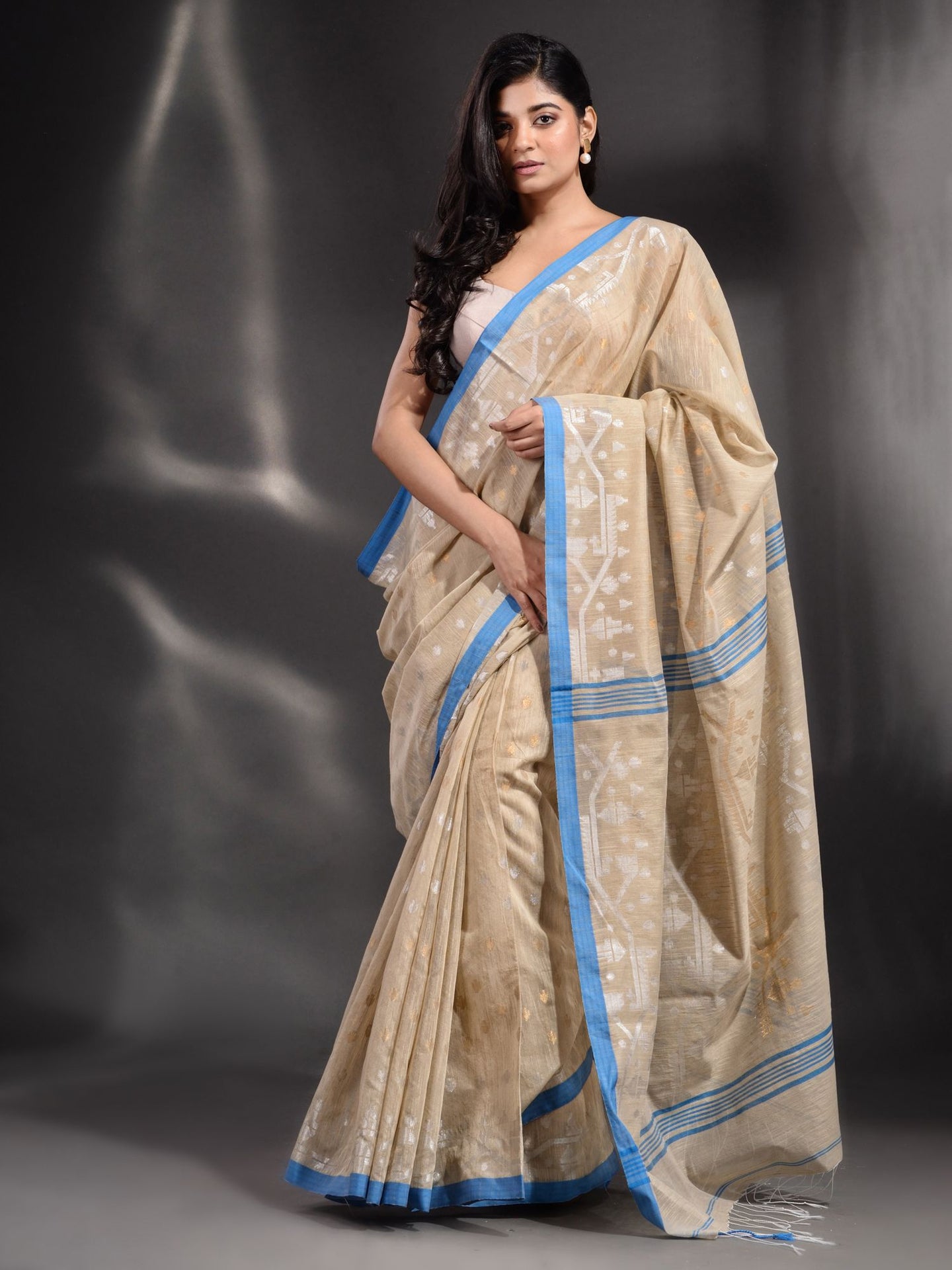 Beige Cotton Handwoven Saree With Texture Border