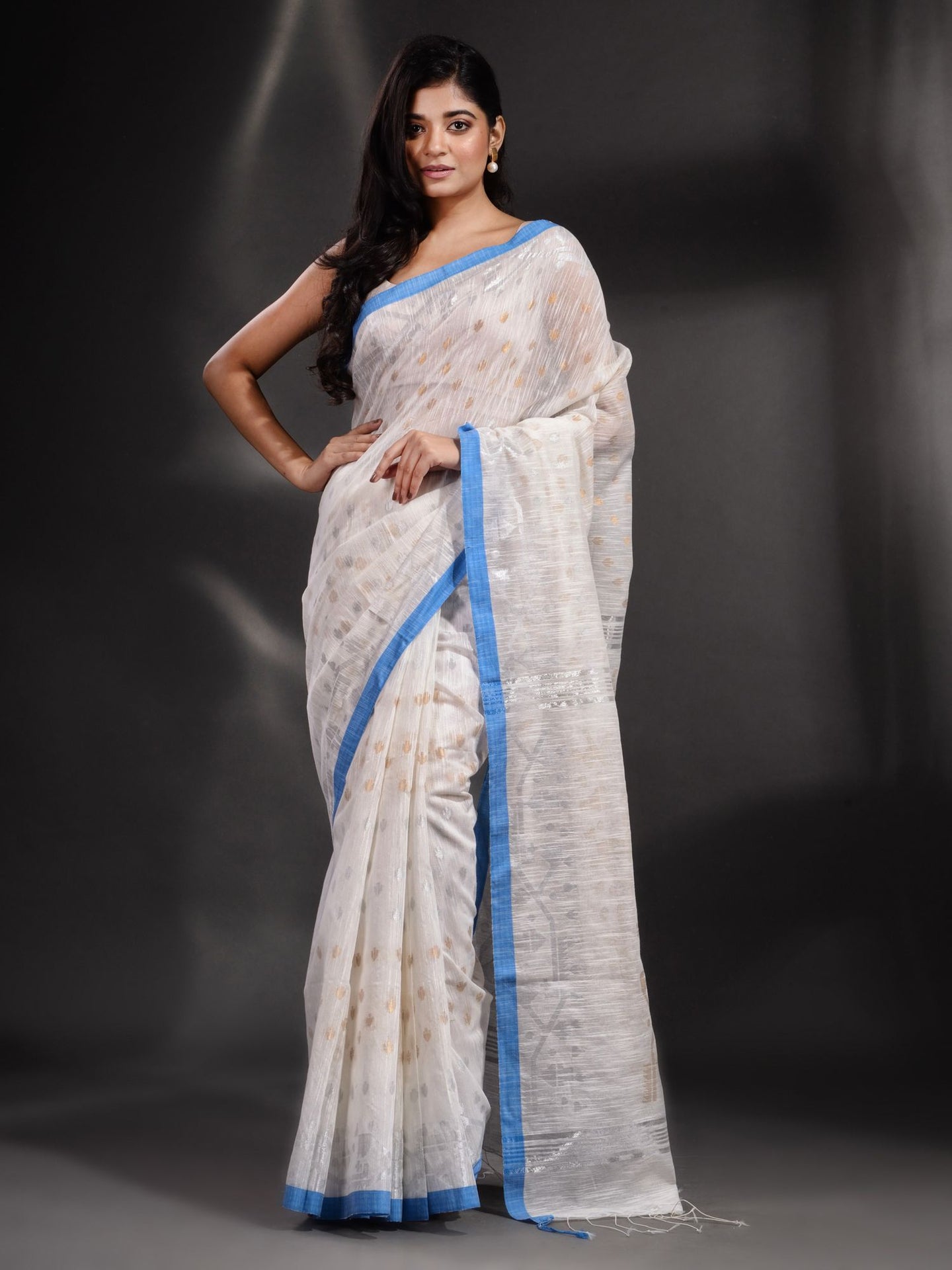 White Cotton Handwoven Saree With Texture Border