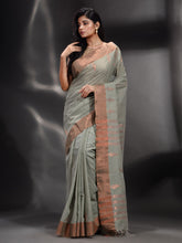 Load image into Gallery viewer, Grey Cotton Handwoven Saree With Zari Border
