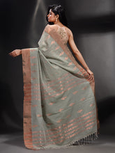Load image into Gallery viewer, Grey Cotton Handwoven Saree With Zari Border
