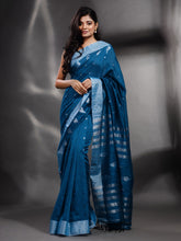 Load image into Gallery viewer, Blue Cotton Handwoven Saree With Zari Border
