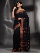 Load image into Gallery viewer, Black Cotton Handwoven Saree With Zari Border

