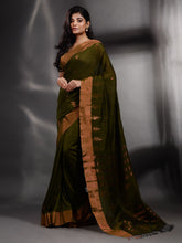 Load image into Gallery viewer, Moss Green Cotton Handwoven Saree With Zari Border
